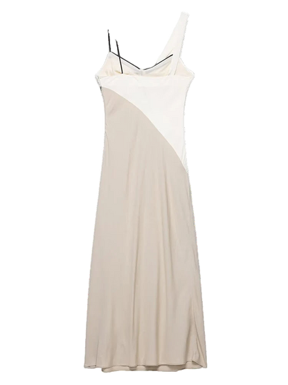 Elegant sleeveless midi dress with draped neck straps in patchwork design