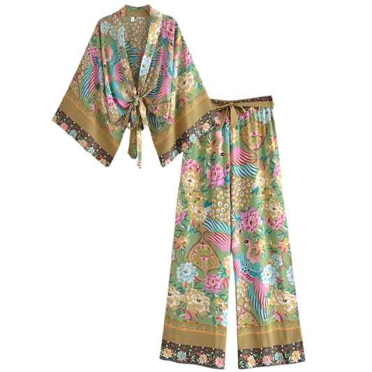 Outfit Conjunto boho chic de 2 piezas con kimono corto estampado floral y pantalón de pierna ancha