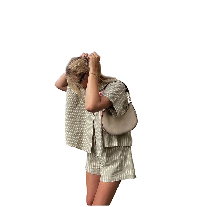 Striped Casual Set with Button-Down Short-Sleeve Lapel Shirt and Wide-Leg Shorts