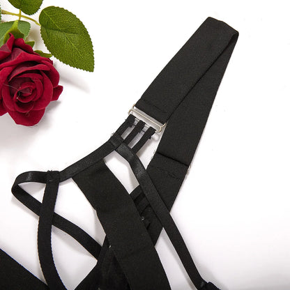 Conjunto Set de Lencería Coqueta 2 piezas con diseño de tiras de estilo jumpsuit ajustado en elástico