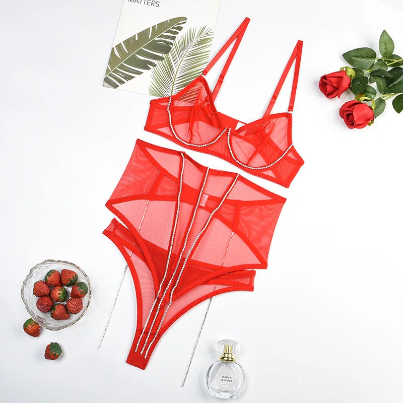 Set Conjunto de lencería con pedrería y Encaje transparente y cinturilla