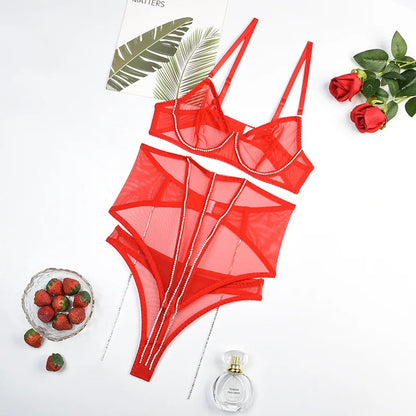 Set Conjunto de lencería con pedrería y Encaje transparente y cinturilla