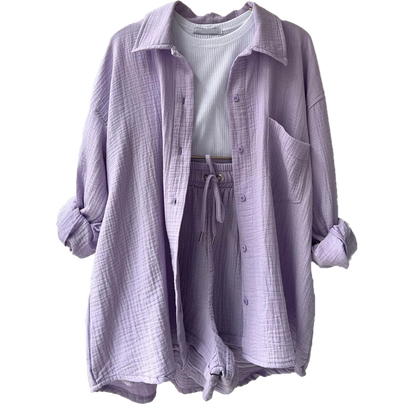 Outfit Conjunto de Camisa manga larga con solapa y short de tiro alto con cordón