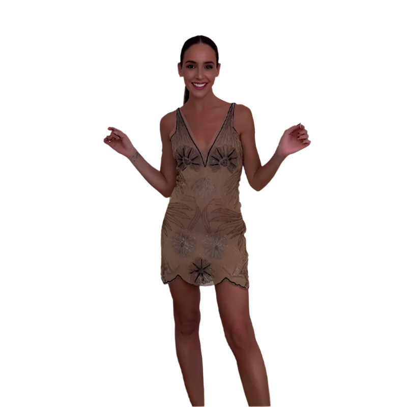 Chic Women's Mini Dress with Embroidery and Beads and Floral Print with V-Neck and Sheer
