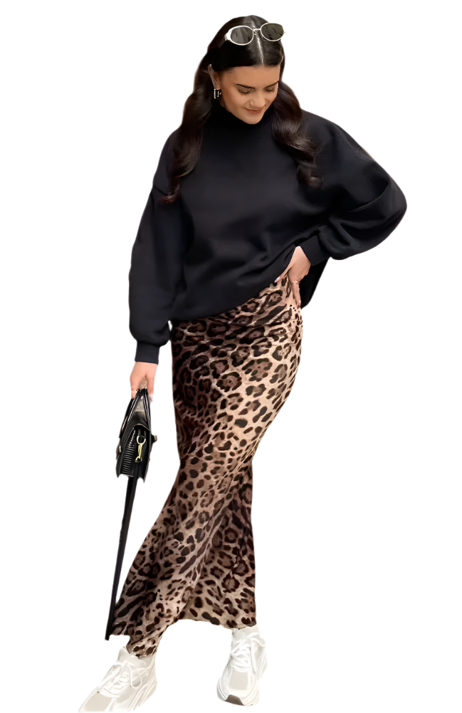 Falda Midi Vintage de Cintura Alta con Estampado de Leopardo