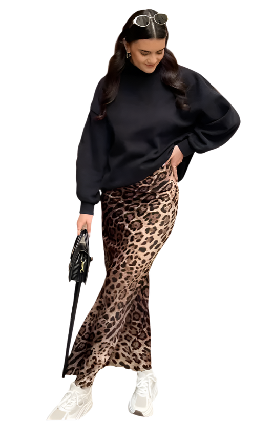 Falda Midi Vintage de Cintura Alta con Estampado de Leopardo