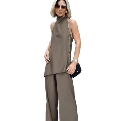 Satin Outfit Set with Asymmetrical Halter Top and High Waist Lace-Up Pants
