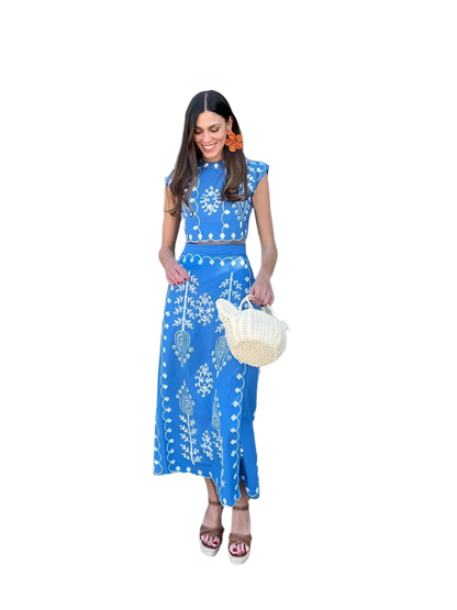 Outfit Conjunto bohemio vintage de 2 piezas con top corto bordado con hombreras y falda con cordones y estampado floral