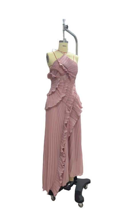 Women's Long Pleated Dress with Halter Neckline in Purple Maxi Style 