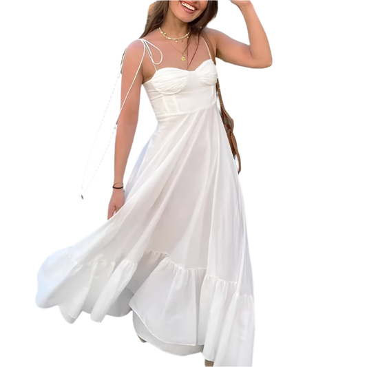 Vestido Blanco Largo de Estilo Elegante de Verano de Corte Midi con Pliegues y Detalle de Mariposa