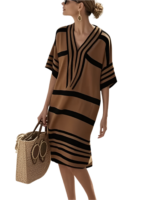 Striped print dress with a V-neckline in polyester and a relaxed waist