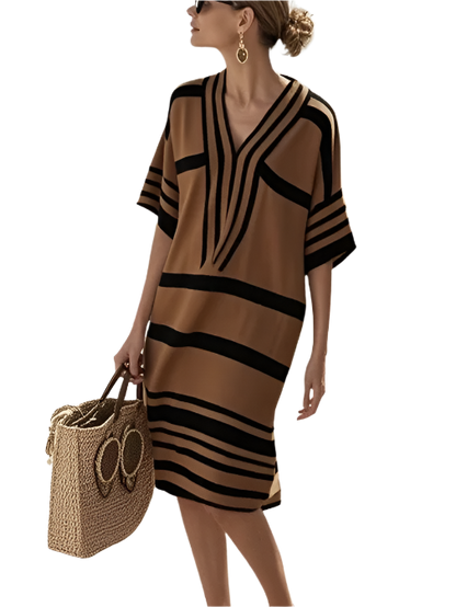 Striped print dress with a V-neckline in polyester and a relaxed waist