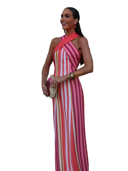 Halter Neck Striped Print Long Dress Off Shoulder Crisscross Backless Bodycon Dress