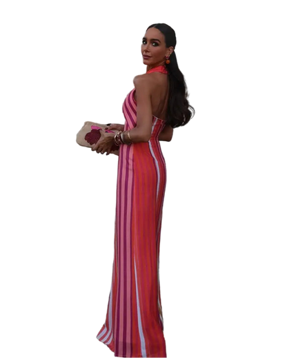 Halter Neck Striped Print Long Dress Off Shoulder Crisscross Backless Bodycon Dress