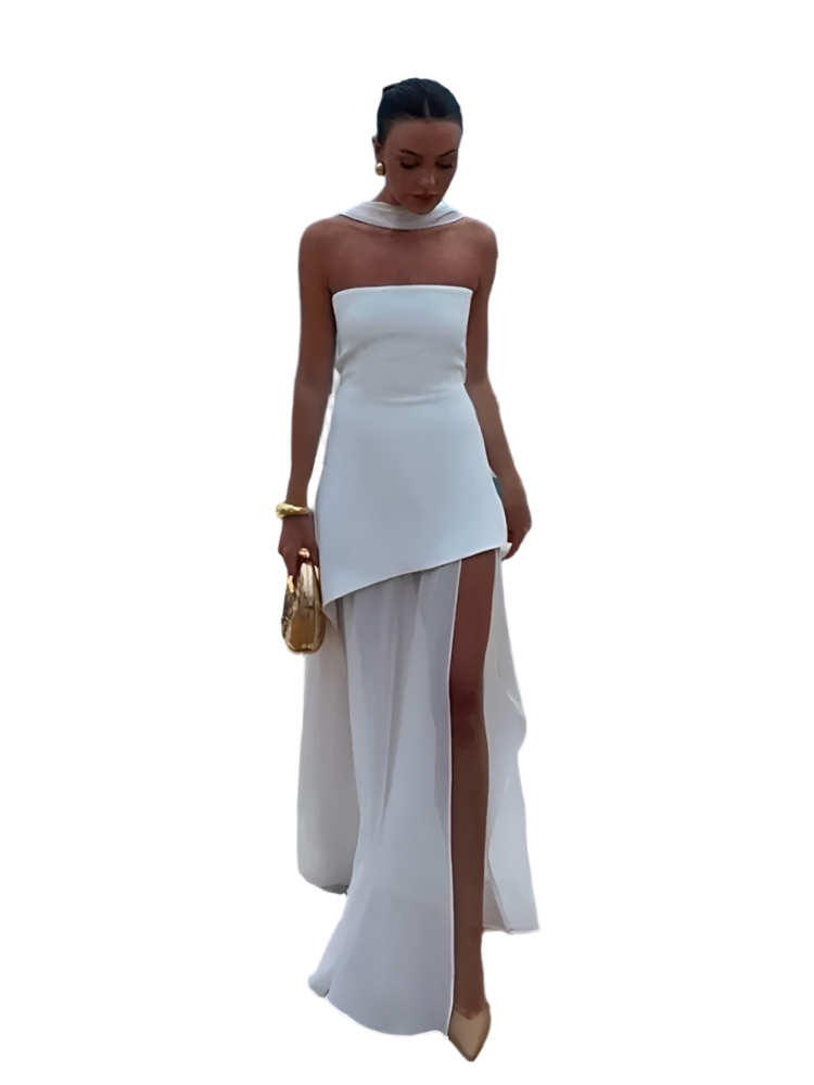 Women's Elegant Strapless Mesh Bow Patchwork Long Dress 