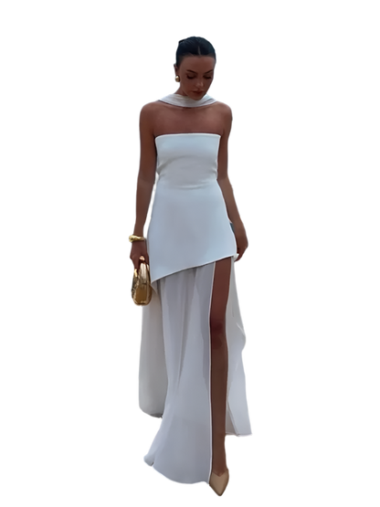 Women's Elegant Strapless Mesh Bow Patchwork Long Dress 