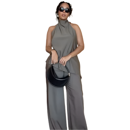 Satin Outfit Set with Asymmetrical Halter Top and High Waist Lace-Up Pants