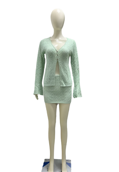 Women's 2-Piece Boho Chic Knitted Set with Short Skirt and Cardigan