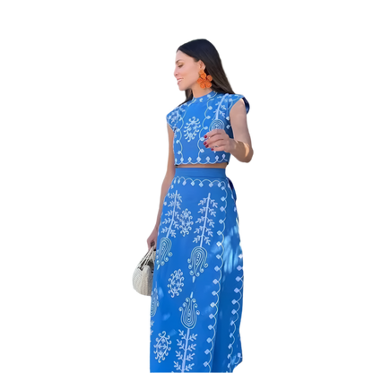 Outfit Conjunto bohemio vintage de 2 piezas con top corto bordado con hombreras y falda con cordones y estampado floral