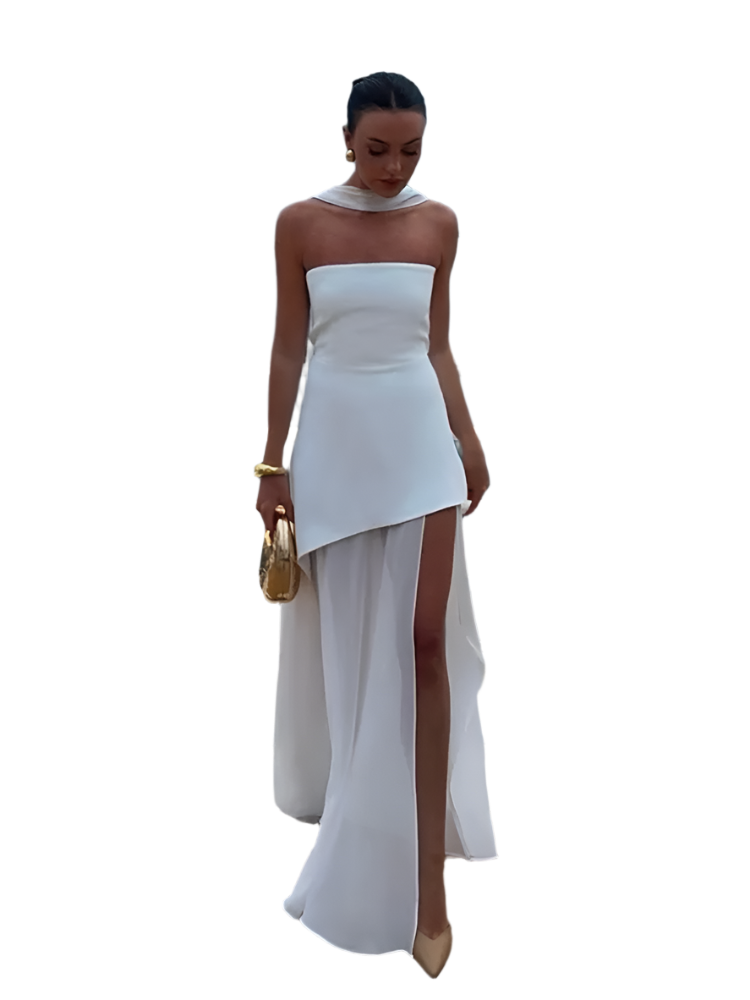 Women's Elegant Strapless Mesh Bow Patchwork Long Dress 