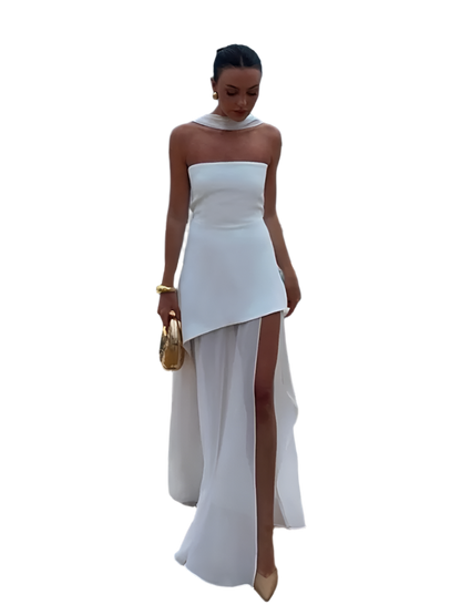 Women's Elegant Strapless Mesh Bow Patchwork Long Dress 