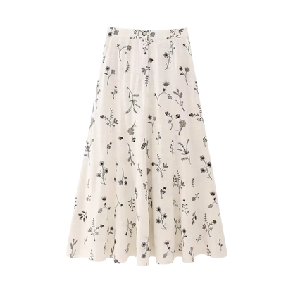 Summer outfit with sleeveless printed crop top and skirt and A-line skirt with drawstring 