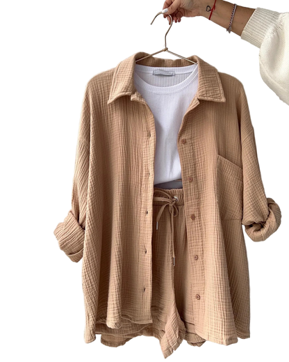 Outfit Conjunto de Camisa manga larga con solapa y short de tiro alto con cordón