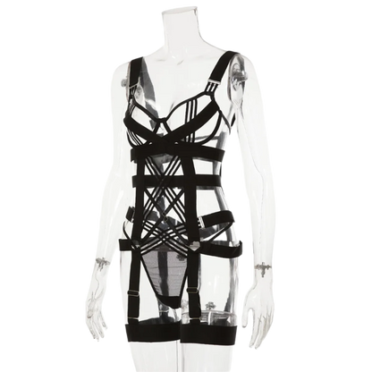 Conjunto Set de Lencería Coqueta 2 piezas con diseño de tiras de estilo jumpsuit ajustado en elástico