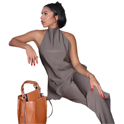 Satin Outfit Set with Asymmetrical Halter Top and High Waist Lace-Up Pants