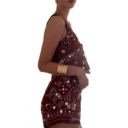 Boho Chic Outfit Set of Red Embroidered Sleeveless Vest and Wide Leg Shorts