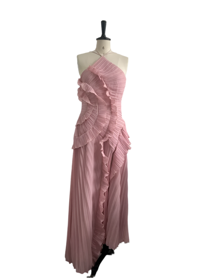 Women's Long Pleated Dress with Halter Neckline in Purple Maxi Style 