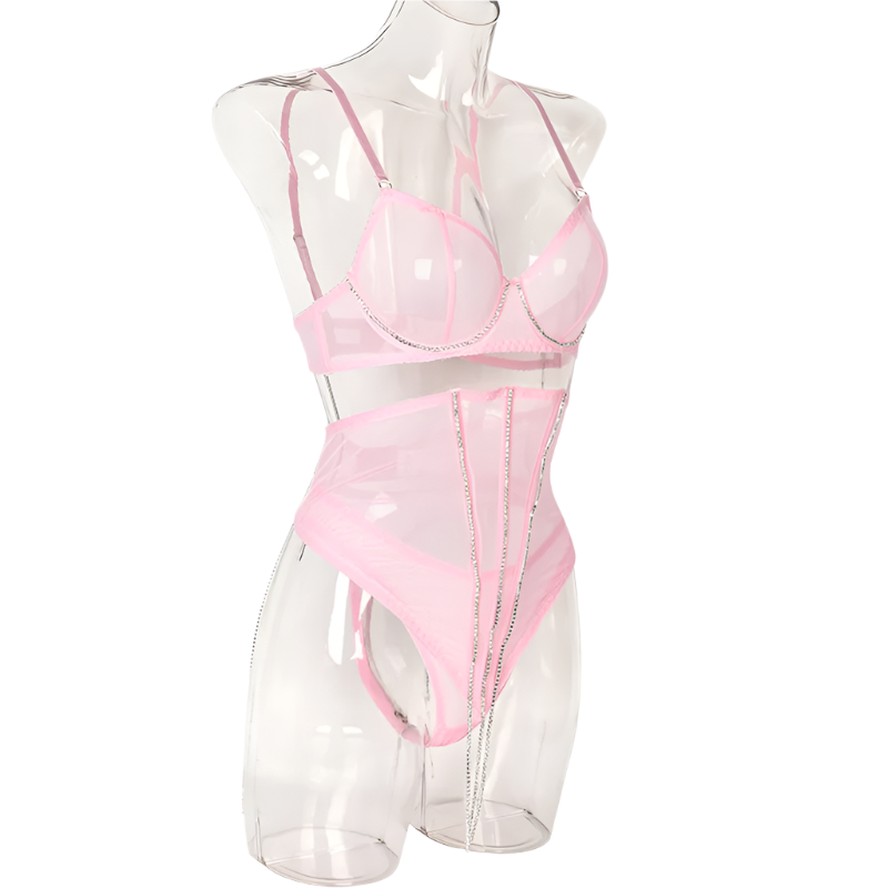 Set Conjunto de lencería con pedrería y Encaje transparente y cinturilla