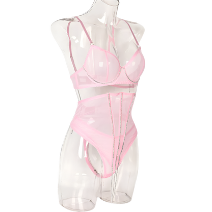 Set Conjunto de lencería con pedrería y Encaje transparente y cinturilla