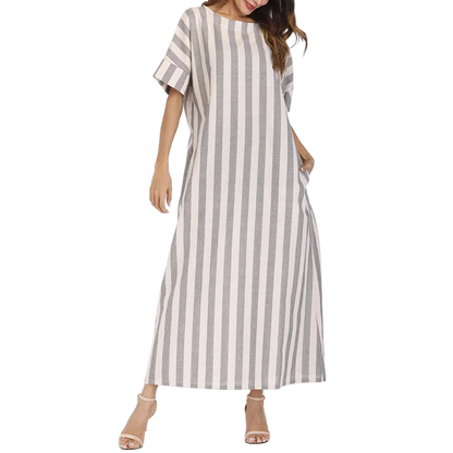 Plus Size 5XL Long Sleeve Striped Cotton Linen Kaftan Bohemian Dress