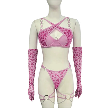 Leopard Print Push Up Bra Lingerie Set, Sheer Lace Trim, Includes Gloves and Stockings 