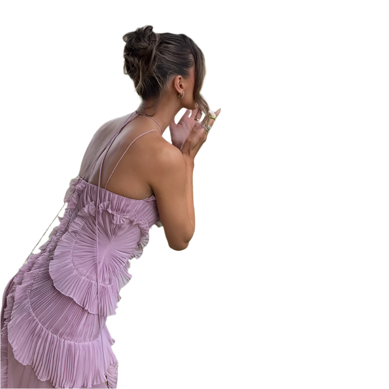 Women's Long Pleated Dress with Halter Neckline in Purple Maxi Style 