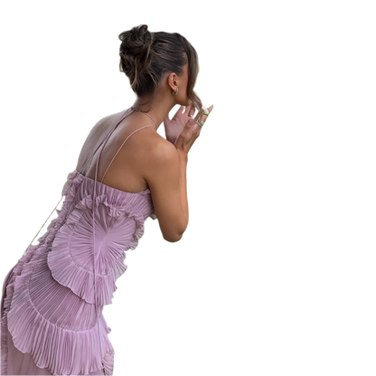 Women's Long Pleated Dress with Halter Neckline in Purple Maxi Style 