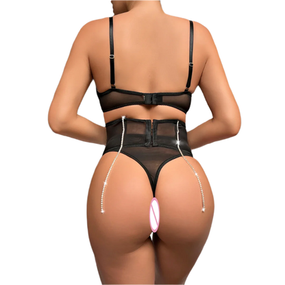 Set Conjunto de lencería con pedrería y Encaje transparente y cinturilla