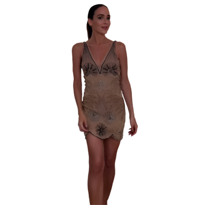 Chic Women's Mini Dress with Embroidery and Beads and Floral Print with V-Neck and Sheer