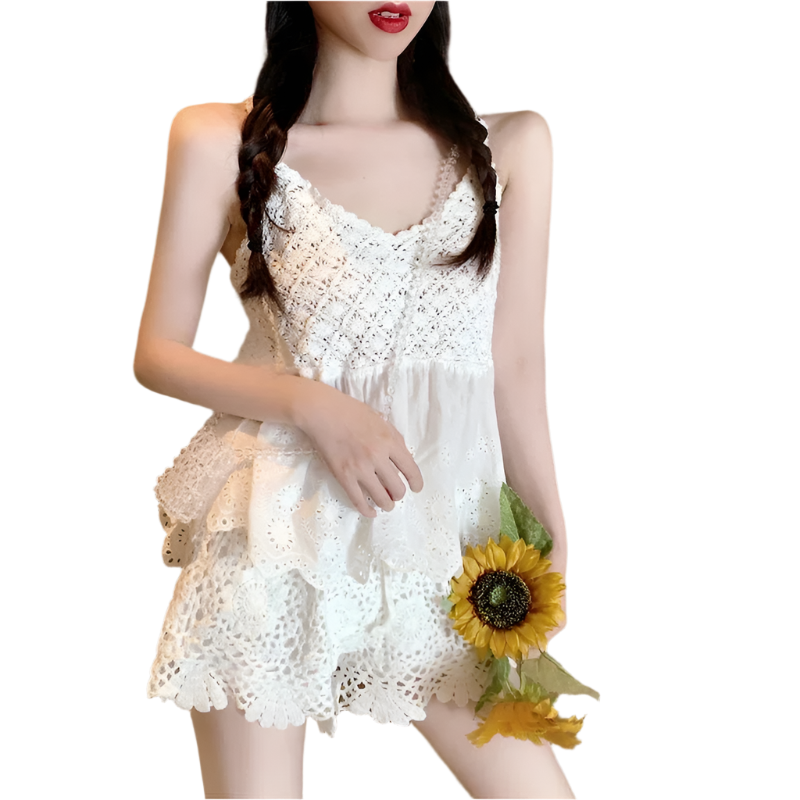 Women's 2-piece set, strappy knit bra top and openwork boho chic wide-leg shorts