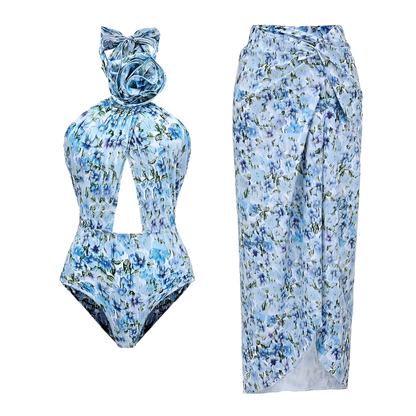 Women's Retro 2-Piece One-Piece Swimsuit, Backless, Vintage Print