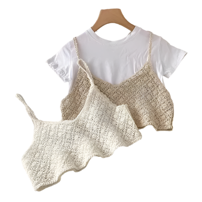 Women's 2-piece set, strappy knit bra top and openwork boho chic wide-leg shorts