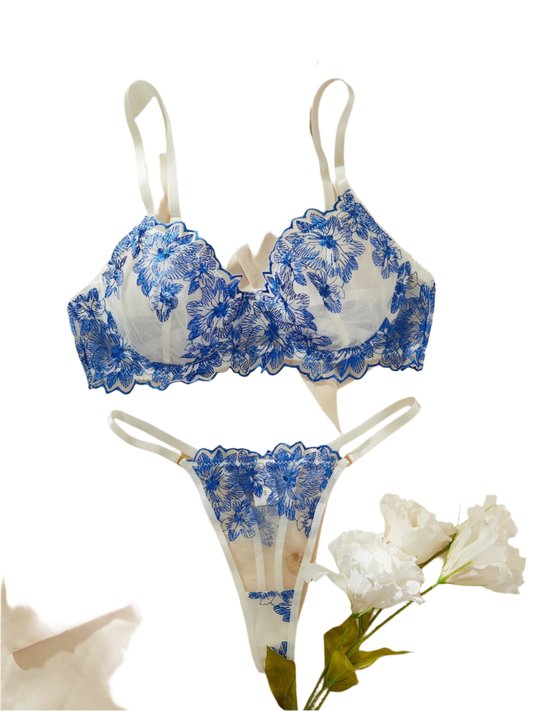 Floral Lingerie Set with Push Up Bra and Sheer Lace