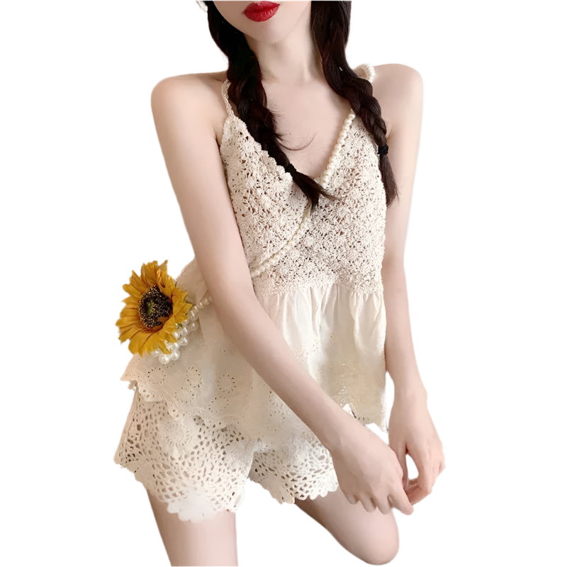 Women's 2-piece set, strappy knit bra top and openwork boho chic wide-leg shorts