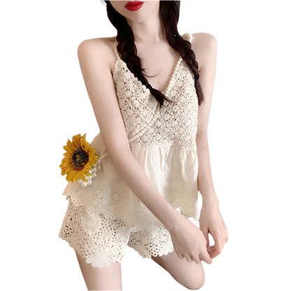 Women's 2-piece set, strappy knit bra top and openwork boho chic wide-leg shorts
