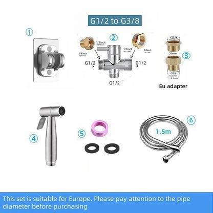 Handheld bidet sprayer made of stainless steel with a 3-way valve (G1/2" – 3/8") for toilet cleaning and personal hygiene.