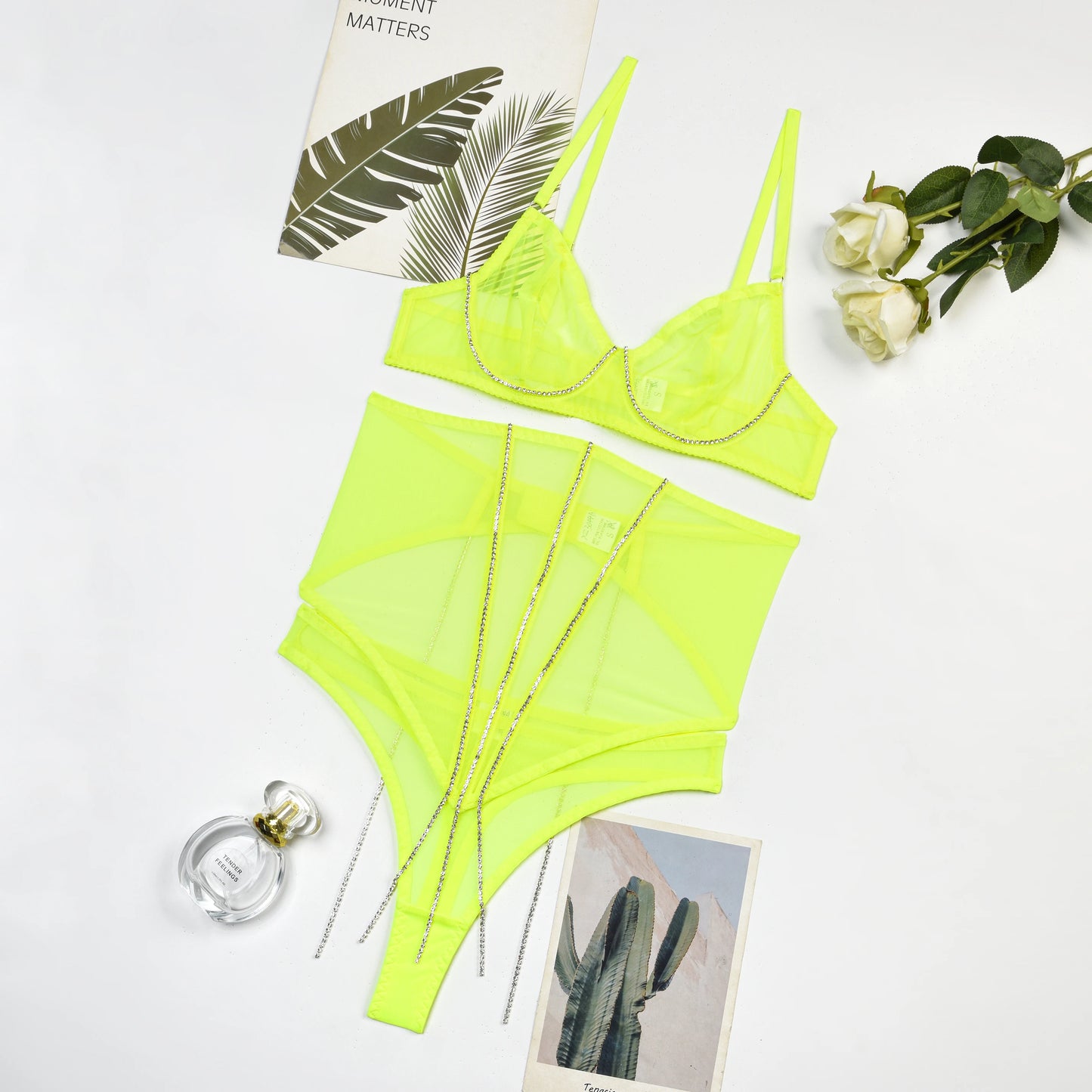 Set Conjunto de lencería con pedrería y Encaje transparente y cinturilla
