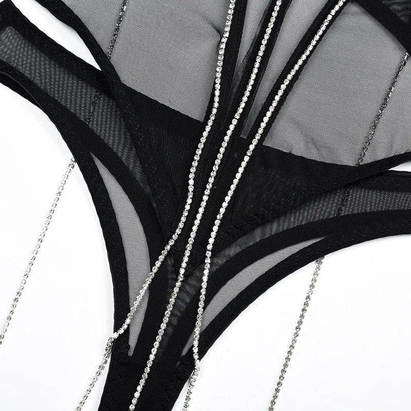 Set Conjunto de lencería con pedrería y Encaje transparente y cinturilla