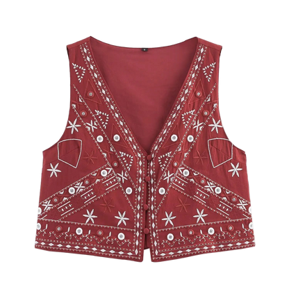 Boho Chic Outfit Set of Red Embroidered Sleeveless Vest and Wide Leg Shorts