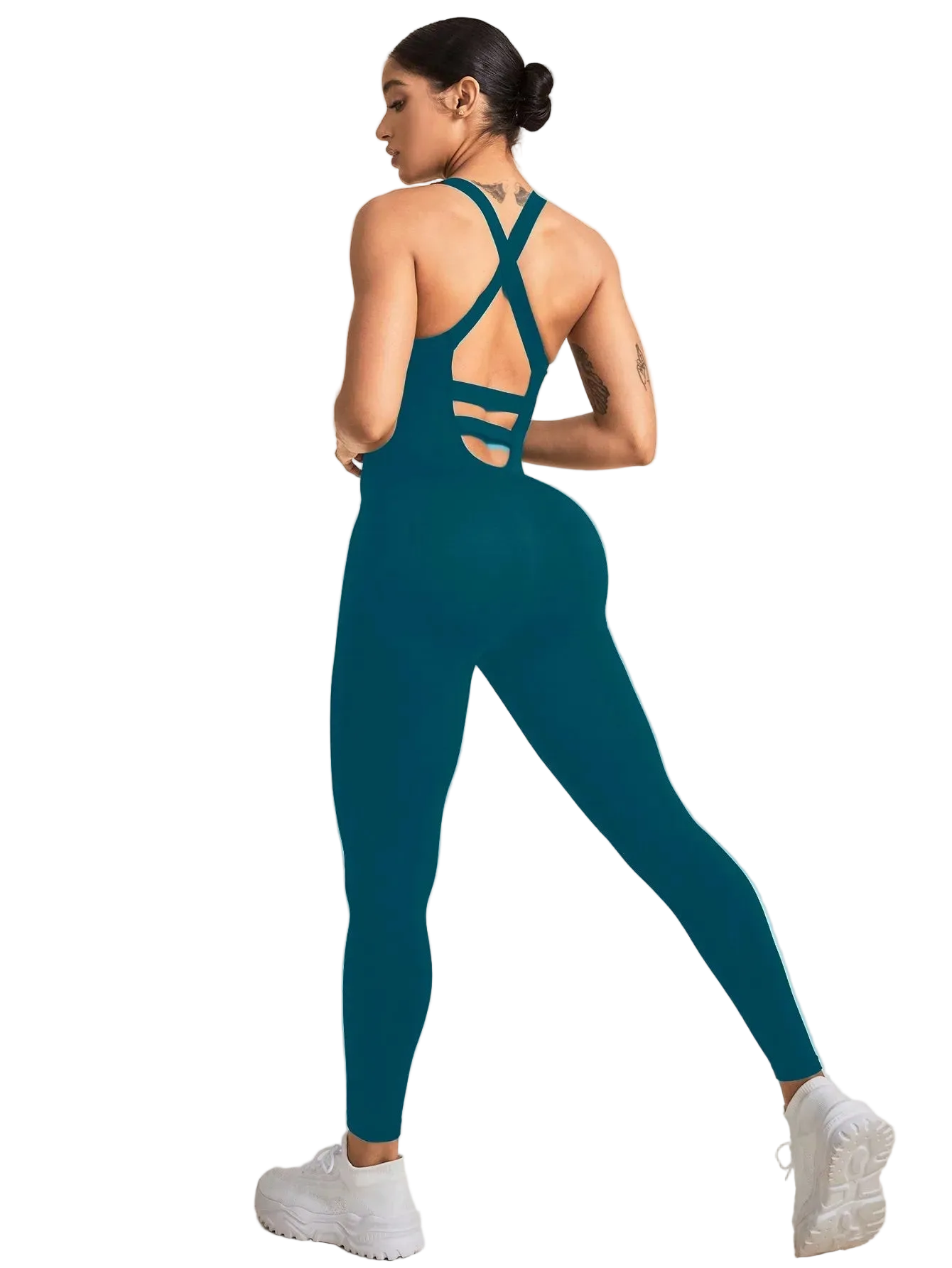 Women's Seamless Sports Jumpsuit with Tummy Control, Crisscross Straps, and Open Back